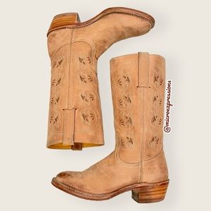 VINTAGE 1980 Frye Austin Tan Brown PullOn Leather Floral Embroidered Cowboy Boot